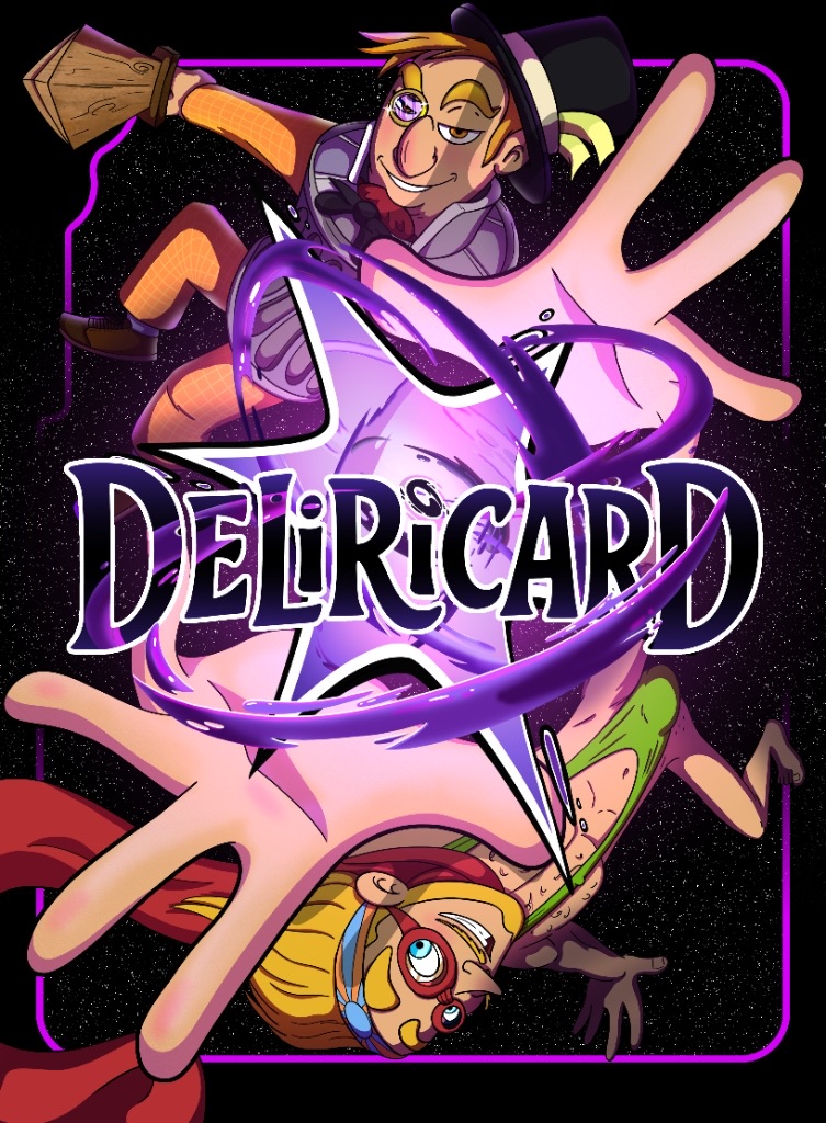 Copertina di Deliricard: due Eroi deliranti si lanciano attorno al logo in un vortice viola tra le stelle